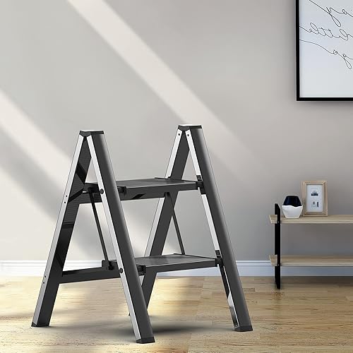 Taburete de 2 peldaños con pedal antideslizante y ancho, escalera de hierro portátil plegable para el hogar y la cocina, 300 libras, color negro