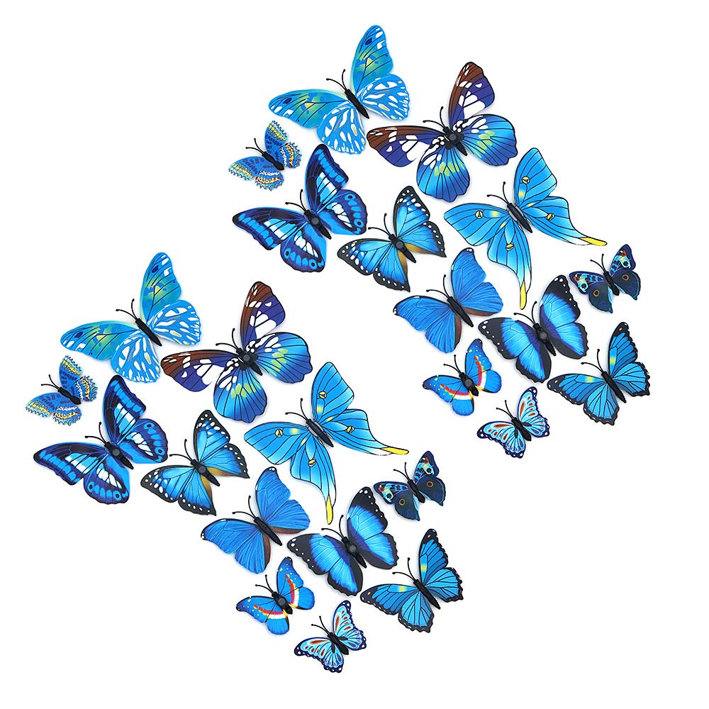 Shiwaki Blue 24Pcs 3D Simulation Three-Dimensional Butterfly Magnet Wall Sticker Decoration Refrigerator Sticker Home Decoration(Blue)