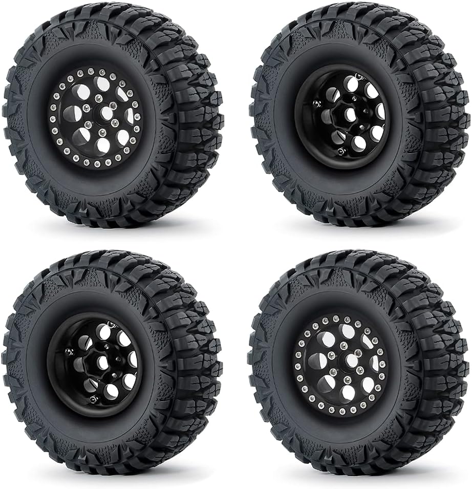 RCLIONS 1.9inch Beadlock Wheels and Tires with Foam Insert for 1/10 RC Car Axial SCX10,TRX4,D90 (Black)