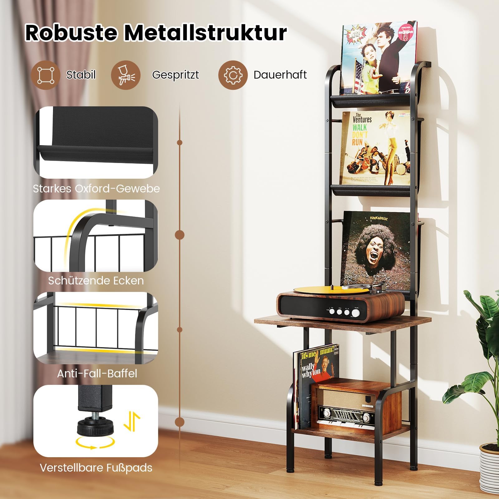 FANTASK Soporte para Discos de Vinilo con Estante Expositor de Vinilo de 5 Pisos, Soporte para Discos de álbumes, CD, Tocadiscos, 50 x 51 x 145 cm (café)