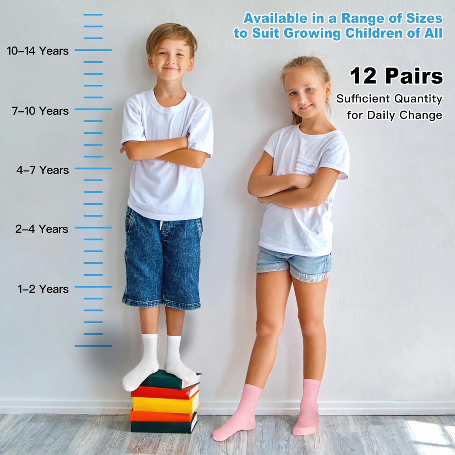 Kids Socks 12 Pairs Crew Socks for Toddler Boys Girls 1-14 Years Athletic Mid Cut Socks Multipack Black White - Image 7