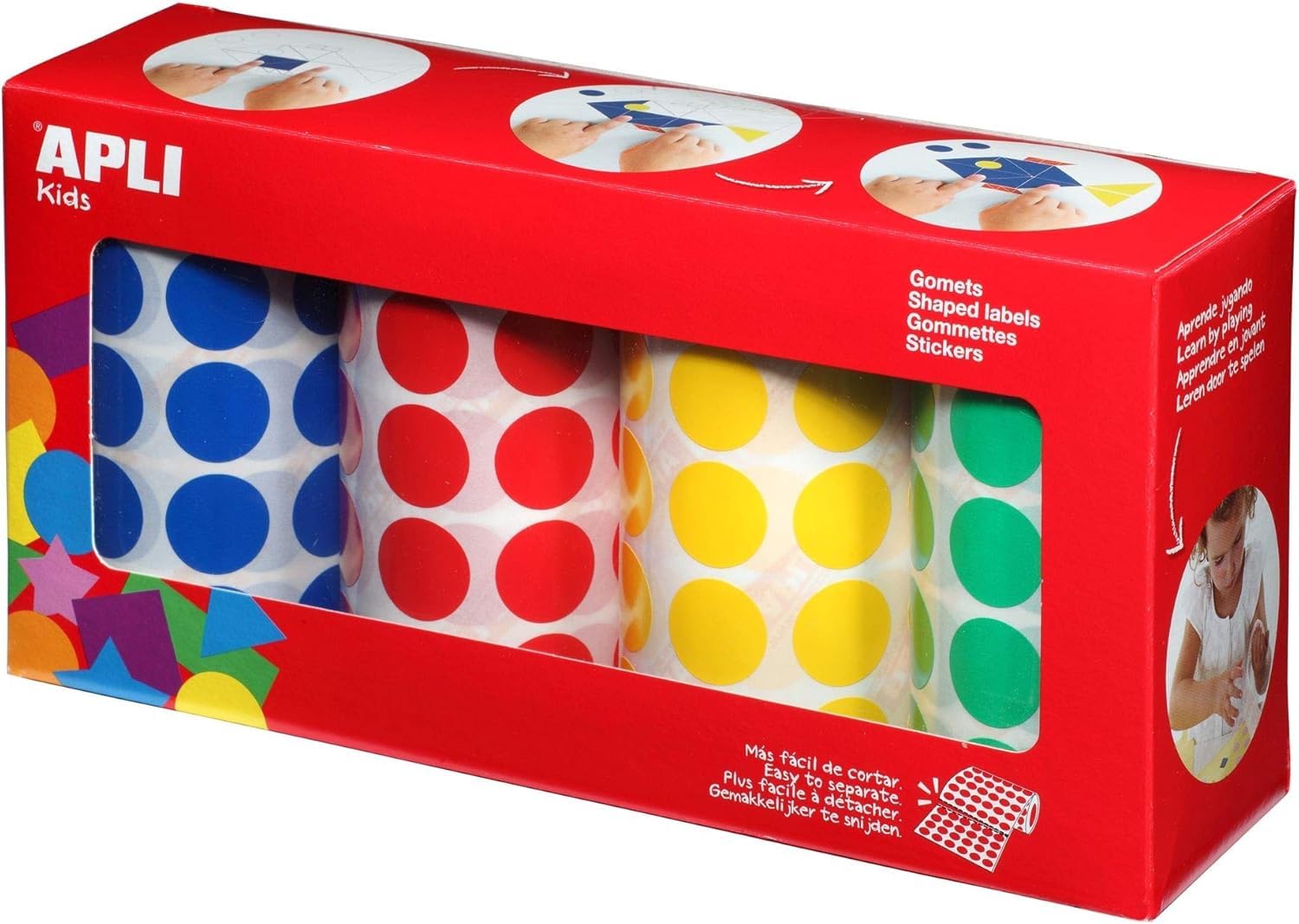APLI Kids 13793 - Pack 4 rollos de gomets redondos, 20 mm, colores azul,rojo, amarillo y verde 7.080uds