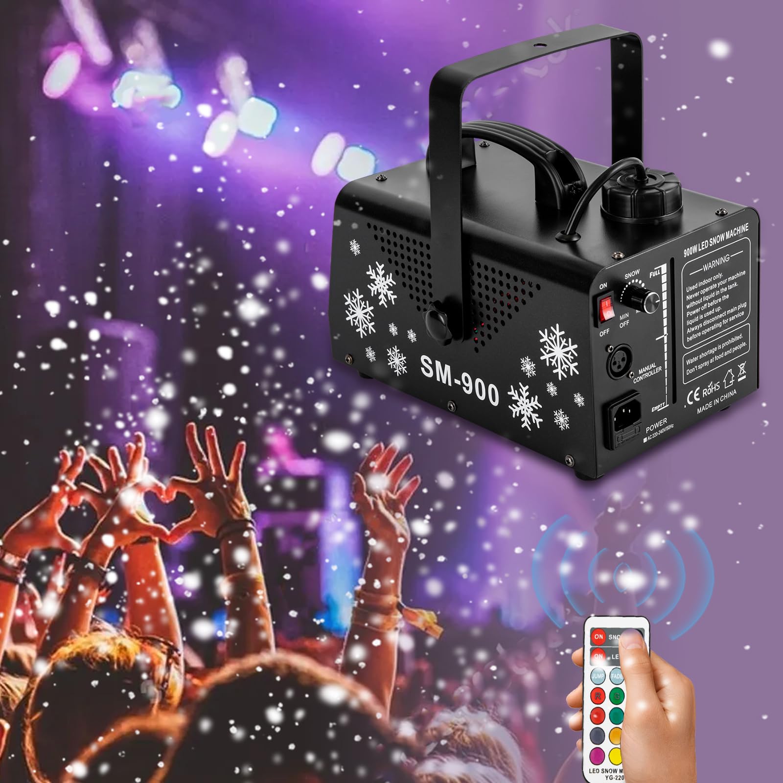 Macchina da neve da 1200 W con telecomando, portatile, macchina per effetti, luci LED RGB per Halloween, Natale, feste, ecc