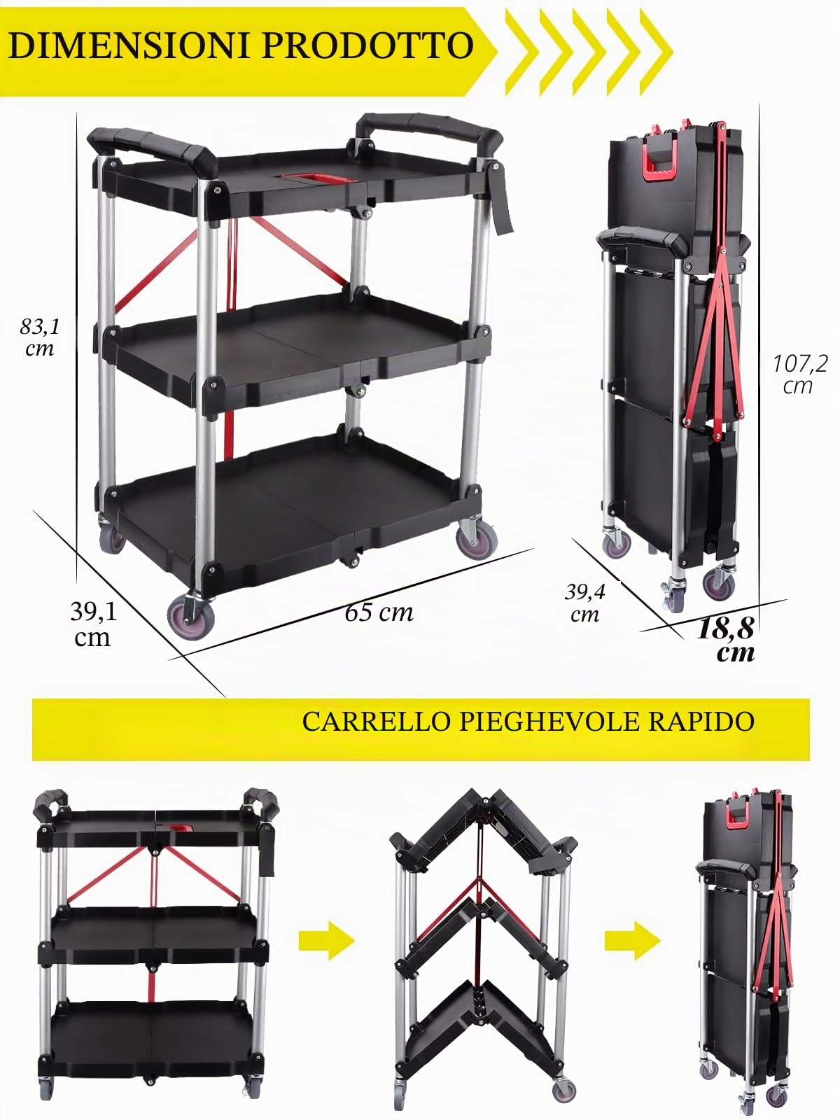 EBANKU Carrello da Portata con Ruote, Carrello Servizio Pieghevole a 3 Ripiani Carrello Cucina Pieghevole Multiuso con Manico Carrello Cucina per Ufficio, Magazzino e Casa
