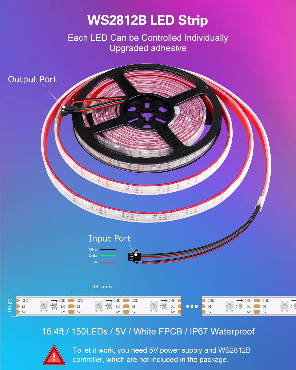 ALITOVE WS2812B Addressable LED Strip Lights Outdoor Upgraded Adhesive Programmable LED Tape Lights 16.4FT 150 Pixels Waterproof IP67 5V, Replacement for WS2811 SK6812 Strip (No Power & Controller)