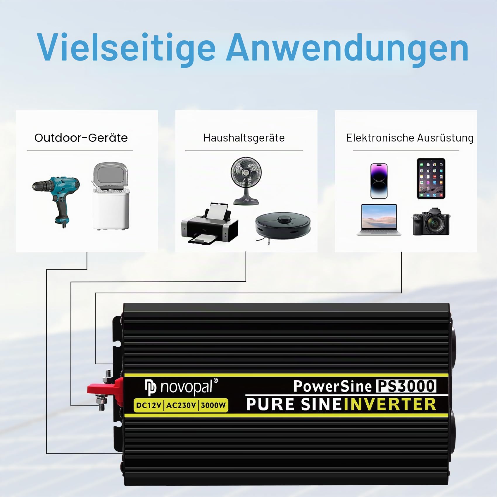 NOVOPAL 3000W Wechselrichter 12V auf 230V Reiner Sinus Spannungswandler Power Inverter mit 5M Fernbedienung und 2.4A USB Anschlüsse für Wohnmobil Auto Camping