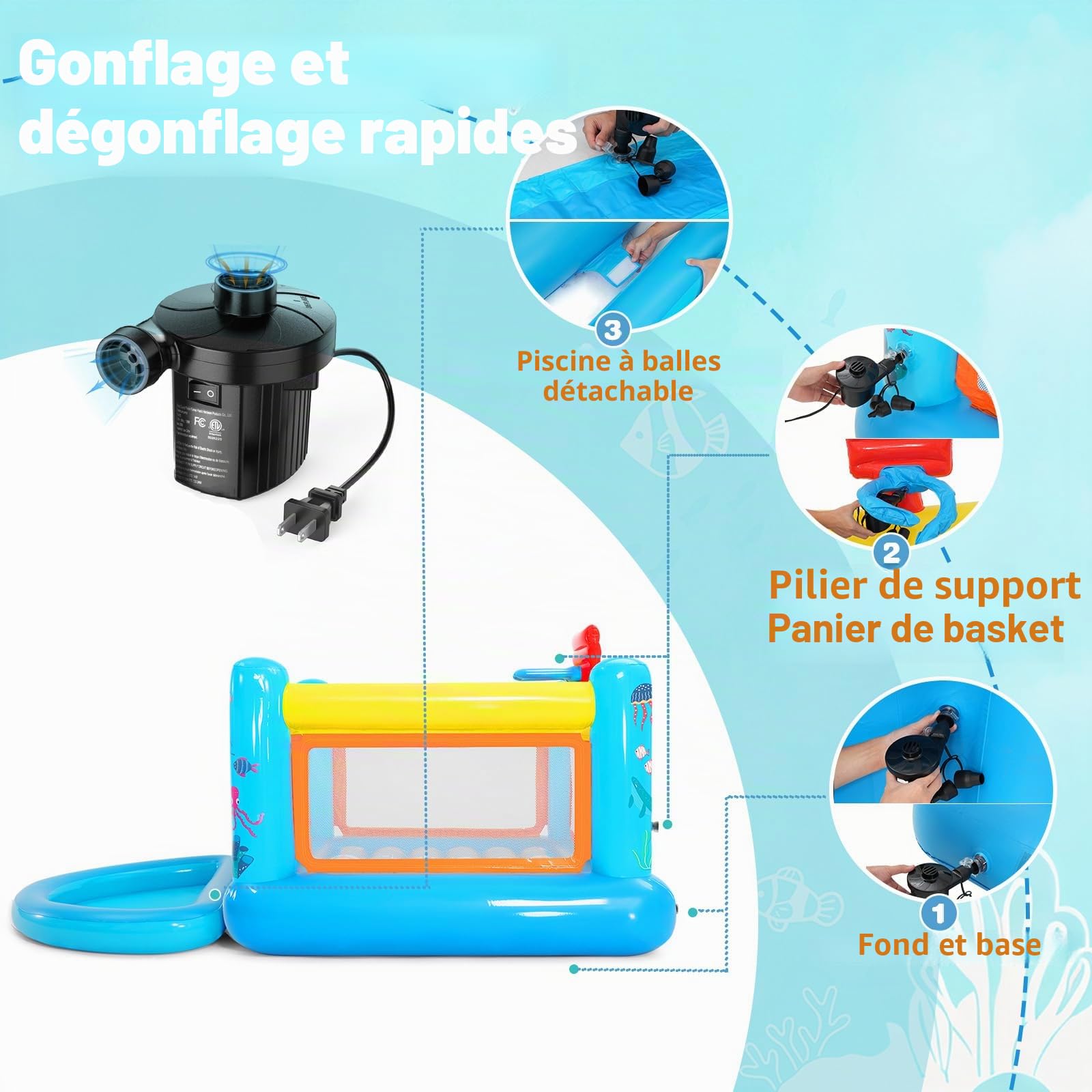 Château Gonflable pour Enfants de 3 à 6 Ans - Petite Maison de Jeu Gonflable en PVC avec Coussin rebondissant, Piscine à balles Amovible, Panier de Basket et Jeu rebondissant, Pompe à air Incluse