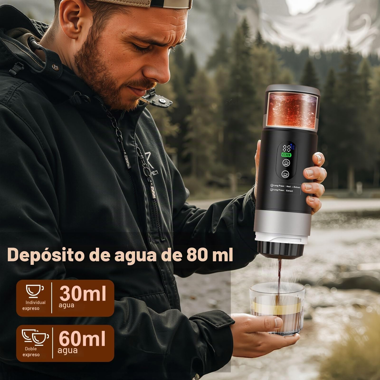 Cafetera Espresso Eléctrica Portátil 3 en 1, viene con una batería extraíble, Cafetera de Viaje para Camping, Cafetera de Coche Autocalentable con USB-C, para Café Molido y Cápsulas Pequeña/Grande