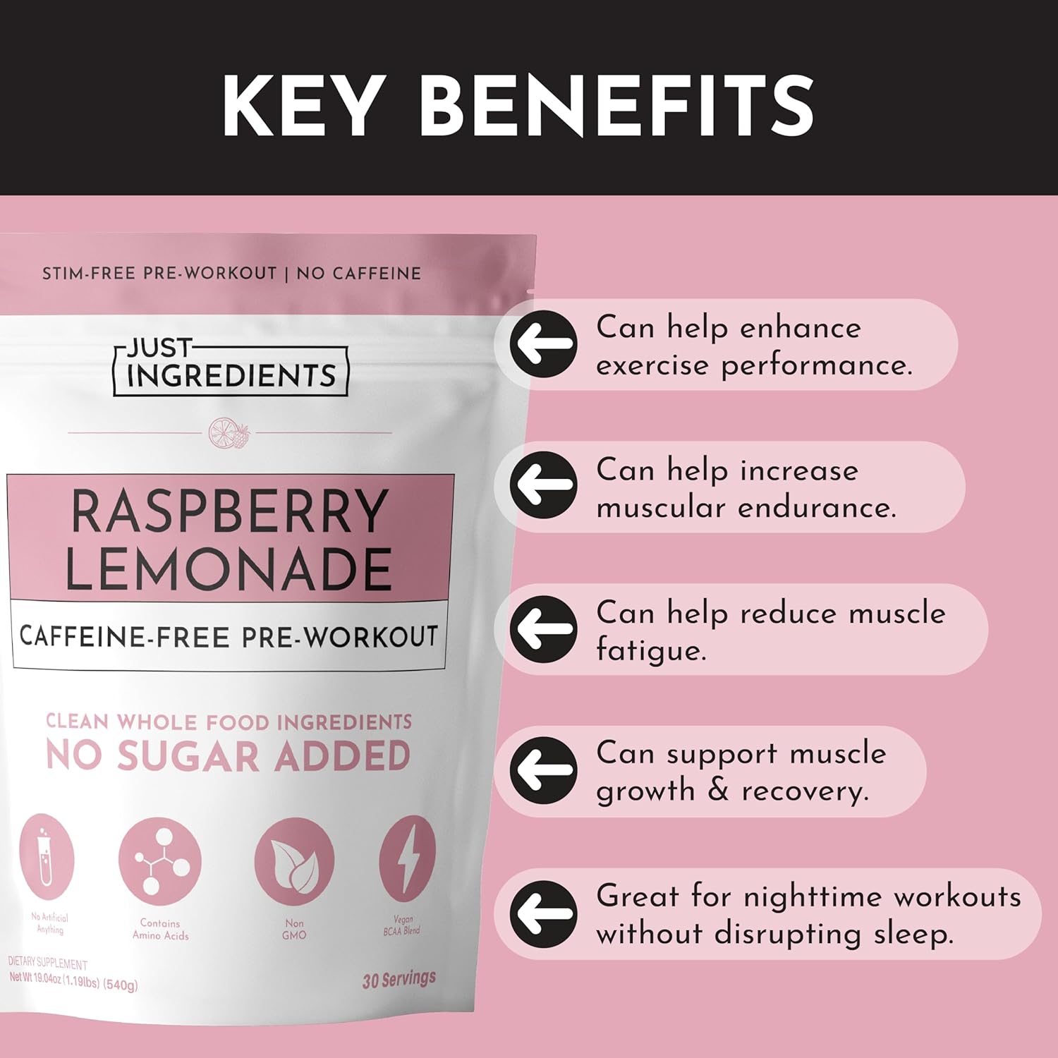 JUST INGREDIENTS Pre-Workout Raspberry Lemonade - Caffeine-Free, BCAA Blend, Beta Alanine - 30 Servings - Image 3
