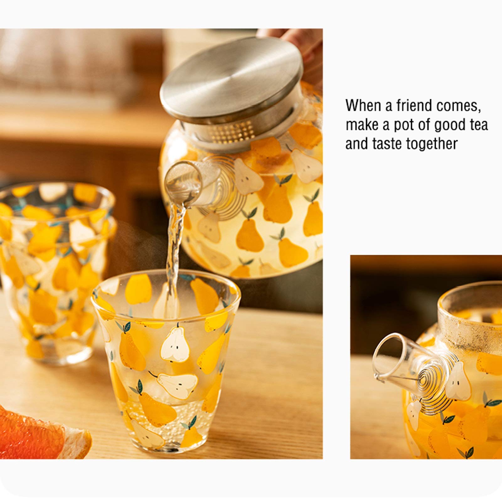 Pichet Théière en Verre Mignonne avec poignée avec mélange de Couvercle Boissons pichet d'eau for Chaude/Froide Limonade Juce Boisson JAR Bouillée à thé glacée (33 oz) Pichets