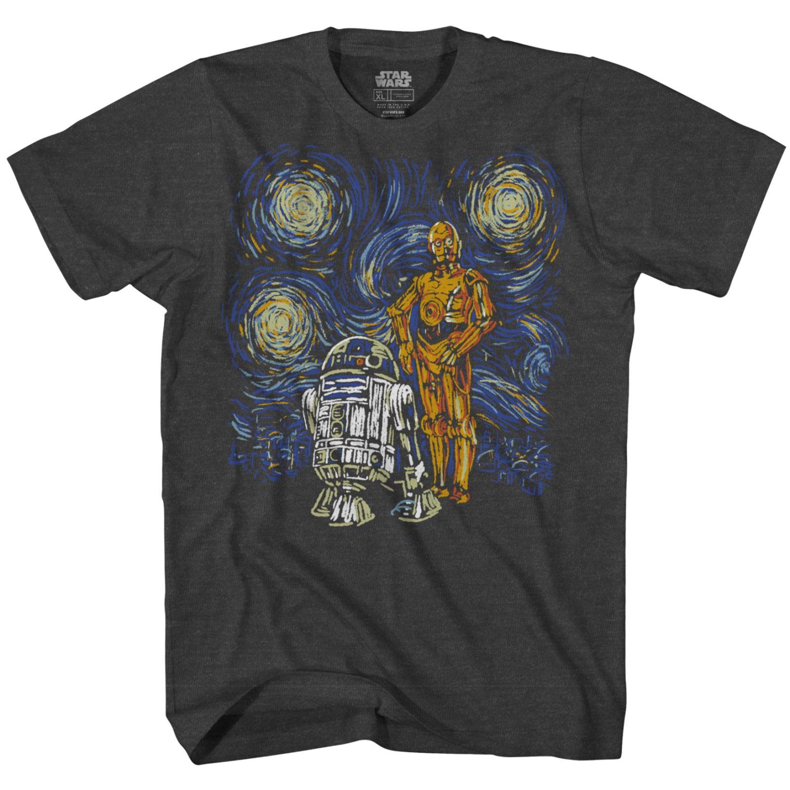 STAR WARSSTAR WARS C-3PO R2-D2 C3PO R2D2 Funny Van Gogh Starry Night Droids Painting Force Awakens Last Jedi Adult Men's Graphic Tee T-Shirt (Premium Charcoal Heather, XXX-Large)