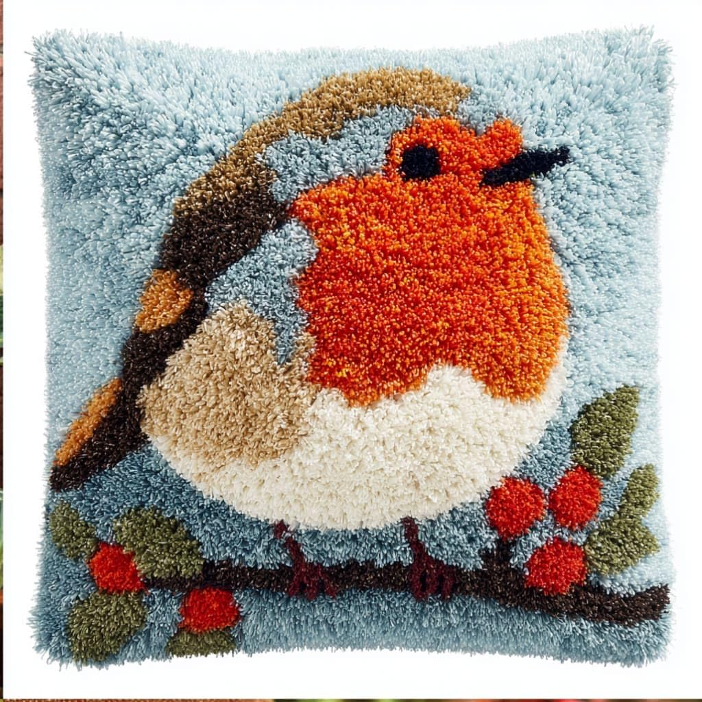 WallustrioaW DIY Latch Hook Pillow Kit,Robin Pillowcase Kits Embroidery Kits 17X17 Inch DIY Needlework Pillow Cover Sofa Cushion Rug Making