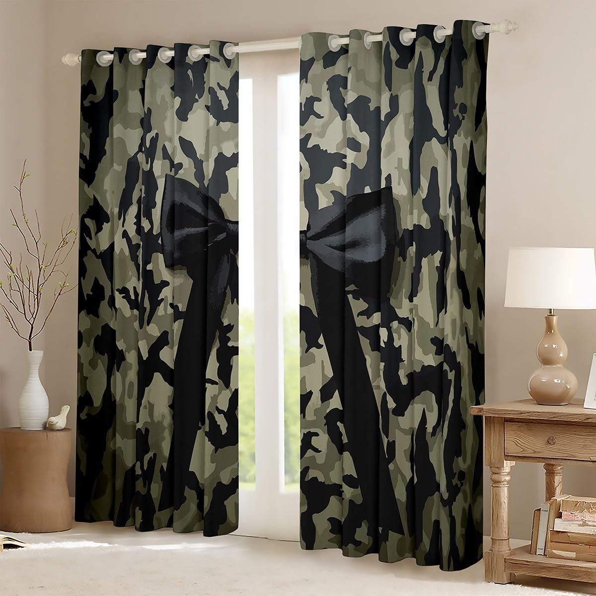 Homewish Kamuflaż zasłony okienne 117 x 137 cm, 2 zestawy paneli - kokardka zasłony zaciemniające kokardka zielona wstążka czarne zasłony okienne moro ciepła pościel