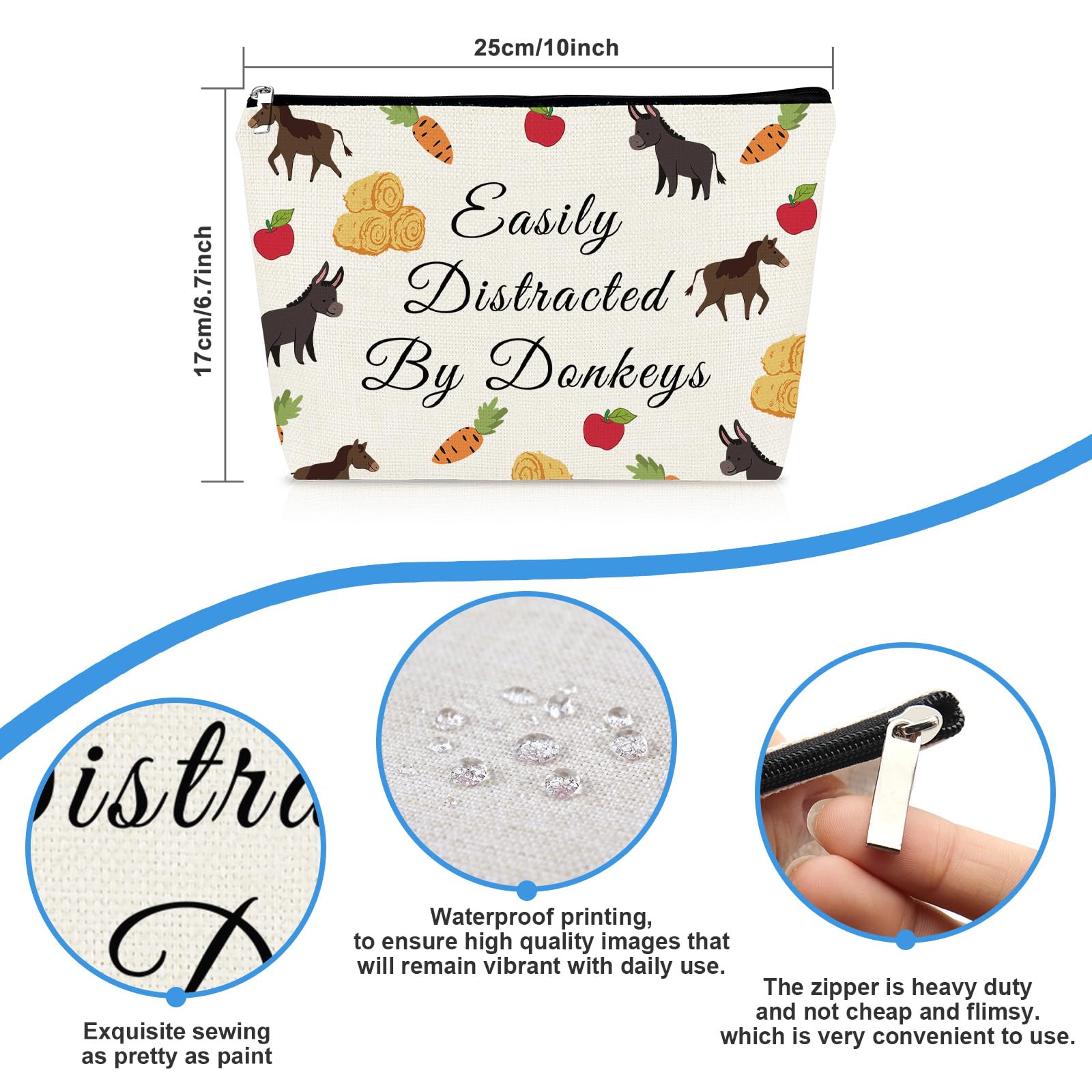 Donkeys Themed Cosmetic Bag Donkey Gift for Girls Women Donkey Lover Gift Funny Farmhouse Gift for Donkey Owner Families Neighbors Friends Makeup Bags Animal Lover Gifts Travel Zipper Toiletry Bag - Image 2