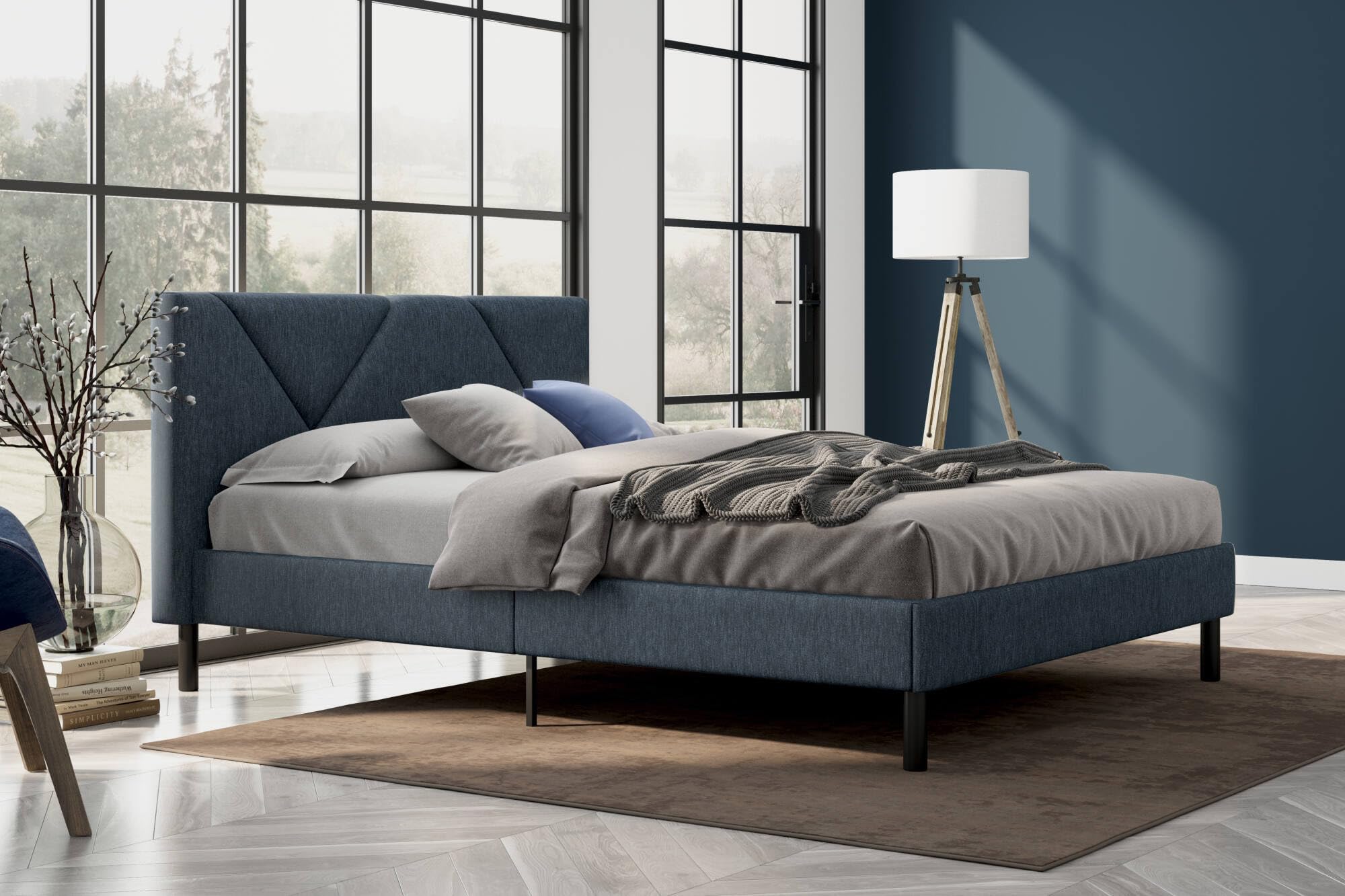 Dmora - Letto alla francese Calitri, Sommier per camera da letto, Giroletto per stanza, Struttura porta materasso, Adatto a materasso Cm 140x190, Blu