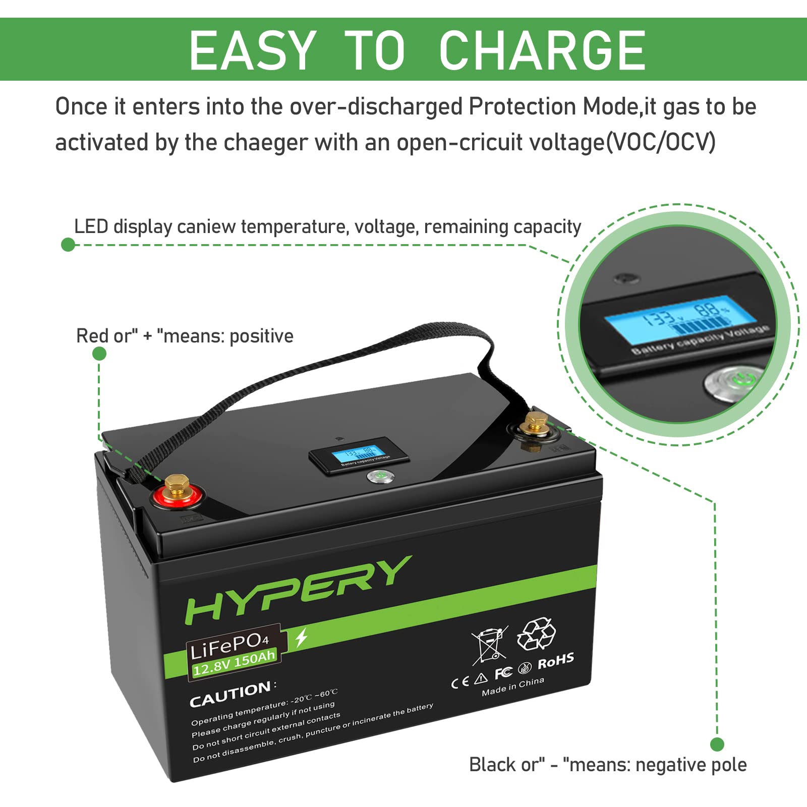Batteria Smart 12V 150AH LiFePO4 con schermo a LED, interruttore di sicurezza e BMS, batteria al litio perfetta per camper, carrelli da golf, barche e stoccaggio energetico domestico