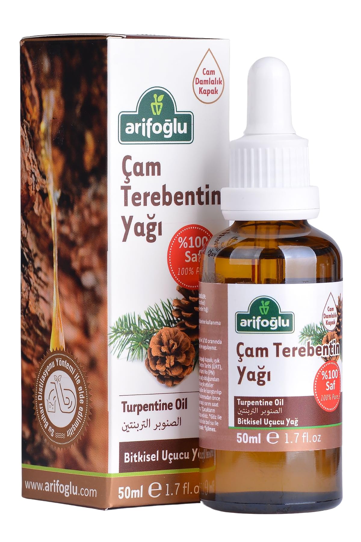 Arifoğlu Çam Terebentin Yağı 50ml, saçı besleyici doğal formülüyle saçınıza canlılık kazandırır; Arifoğlu Pine Turpentine Oil 50ml revitalizes hair with its nourishing natural formula.