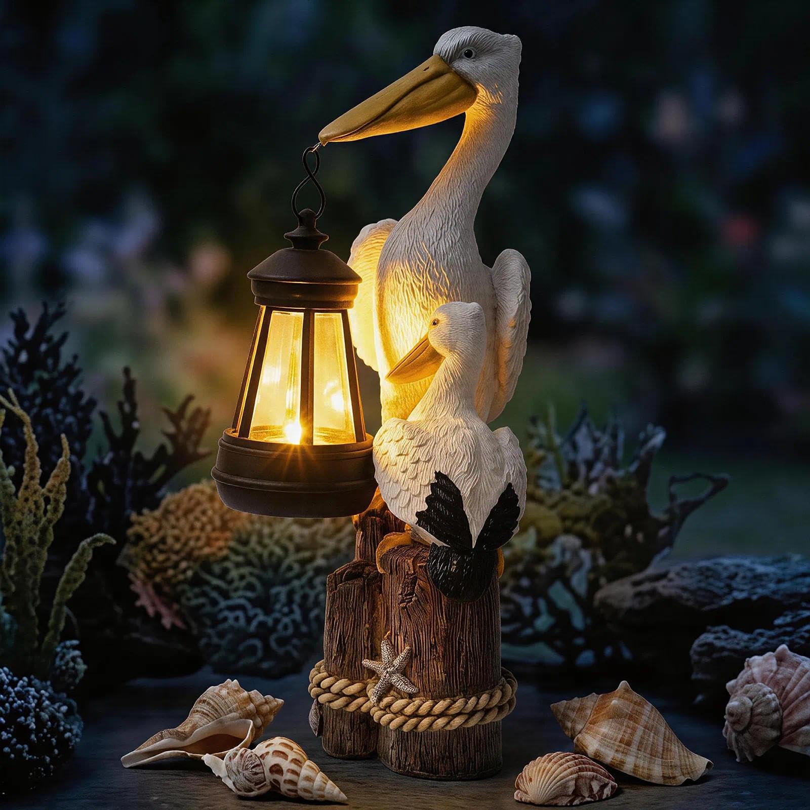 Photo 1 of GIGICICI Solar Pelican Garden Statue with LED Lantern, 11.4 Inch Hand-Painted Resin Outdoor Figurine Light for Patio Lawn Yard, Coastal Bird Gift for Women Mom Grandma