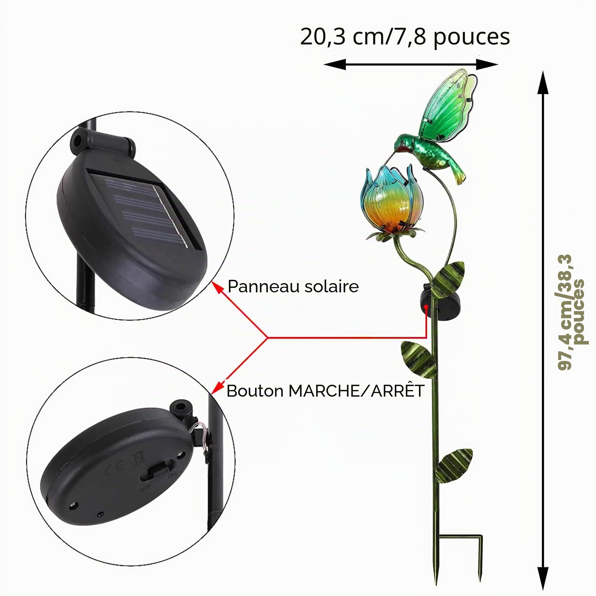 TERESA'S COLLECTIONS Lampe Solaire Exterieur Jardin,Decoration Jardin Exterieur, Lumière Solaire Colibri et Fleurs Métal Verre Solaire LED Lumière Étanche, 97cm(M)