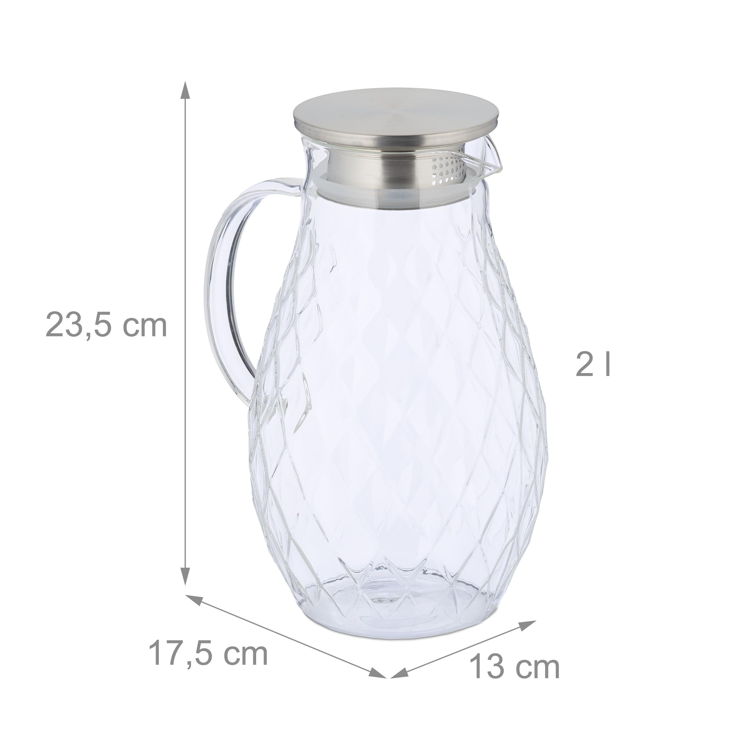 Relaxdays Carafe d'eau en verre, 2 litres, avec couvercle en acier inoxydable, transparent et argenté