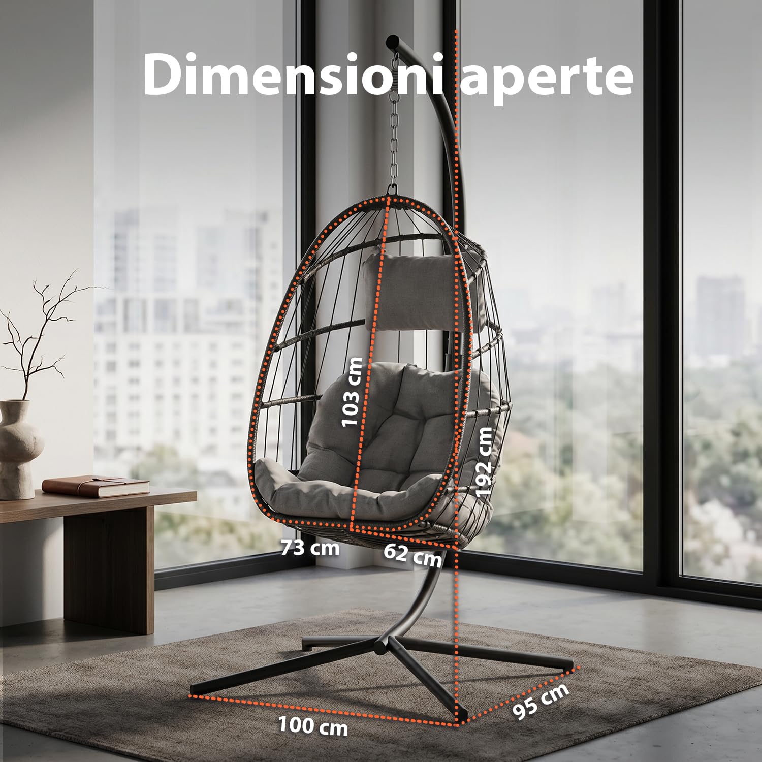Poltrona Sospesa da Giardino a Uovo Pieghevole – Rattan Sintetico, Acciaio Zincato 192 cm, 160 kg | Sedia a Dondolo Sospesa con Cuscini Antracite, Interno ed Esterno, 75×10×103,5 cm chiusa