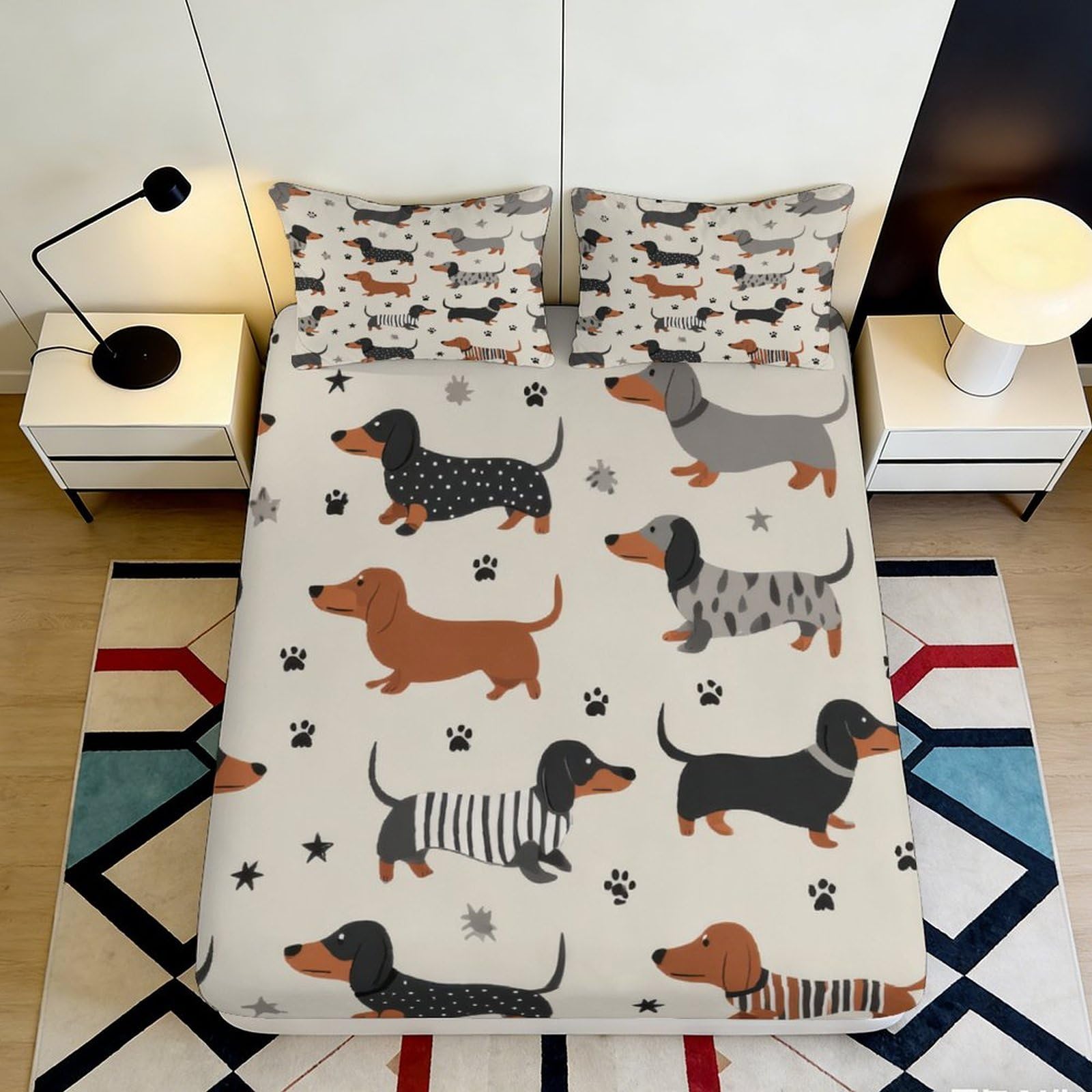Jqzkxnhpbr Style-1 3D Printed Dachshund Dog Fitted Sheet Microfiber Soft Breathable Paw Print Bed Cover For Bedroom Dorm Guest Room Decor 90X200x25cm