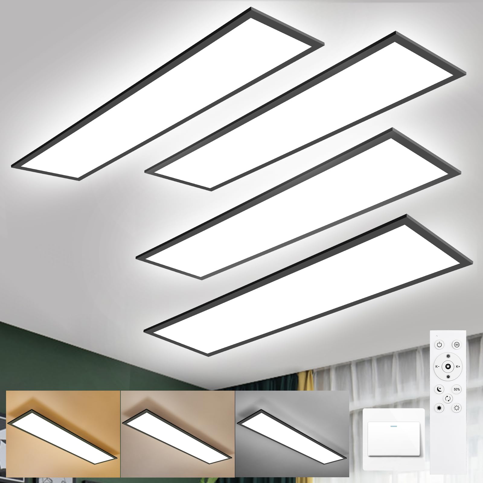 LEOEU 4x LED Panel Deckenleuchte 120x30CM Schwarz, Deckenlampe mit Fernbedienung, 40W 4800LM Deckenlampe Dimmbar, Deckenleuchte Büro mit Speicherfunktion, Deckenpanel für küche Wohnzimmer
