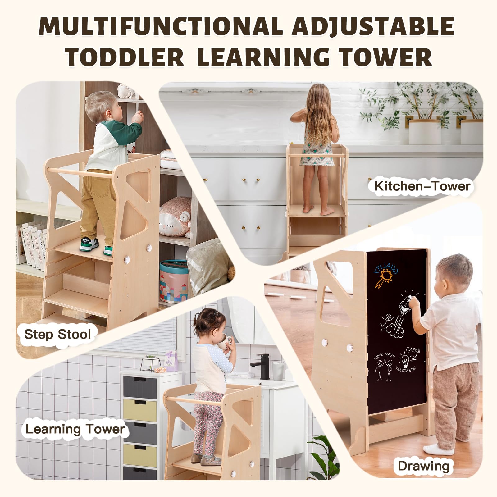 Labebe Tour d'apprentissage pour Enfants, Montessori avec Toboggan Tour d Observation, 4 en 1 Multifonctionnelle Tour d'apprentissage à Hauteur réglable pour Enfants