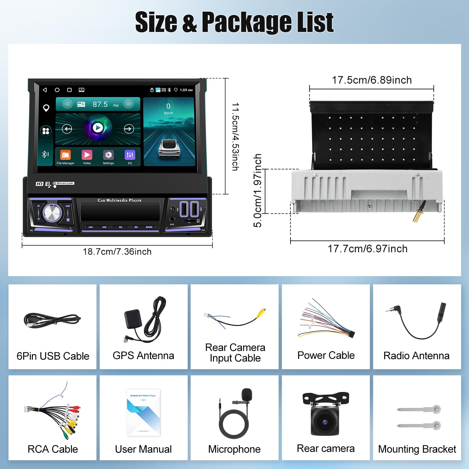 OiLiehu 4G+64G Android 13 Autoradio 1 Din avec CarPlay Android Auto sans Fil, 7“ Rétractable Manuellement Écran Tactile avec GPS WiFi Lien Miroir Bluetooth FM/RDS EQ USB AUX TF SWC Caméra Arrière