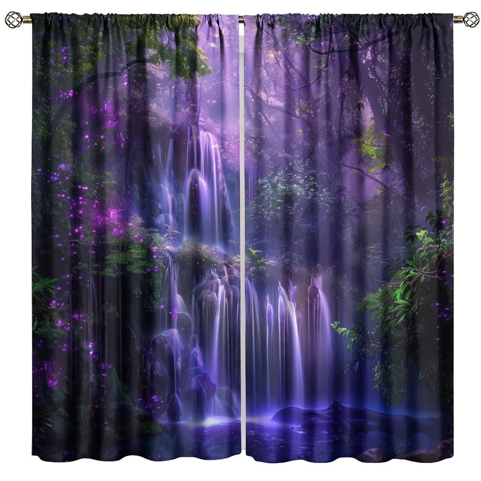 HZOHNAGO Enchanted Forest Curtains Fantasy Nature Purple Forests Waterfall Blackout Print Rod Pocket Window Drapes for Bedroom Living Room 42x54in
