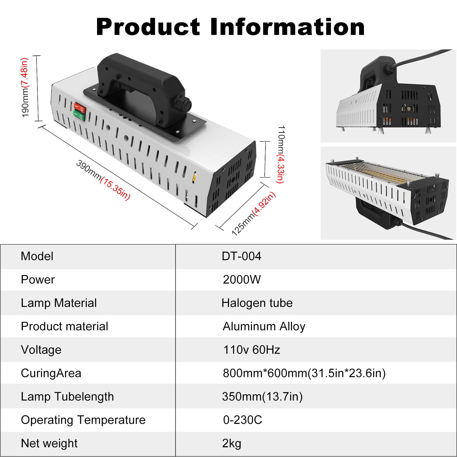 DATOUBOSS Infrared Paint Curing Lamp 2000W Paint Curing Lamp Heater Paint Dryer Lamp for Car Body Repair Paint Curing Systems 110V (DT-004)