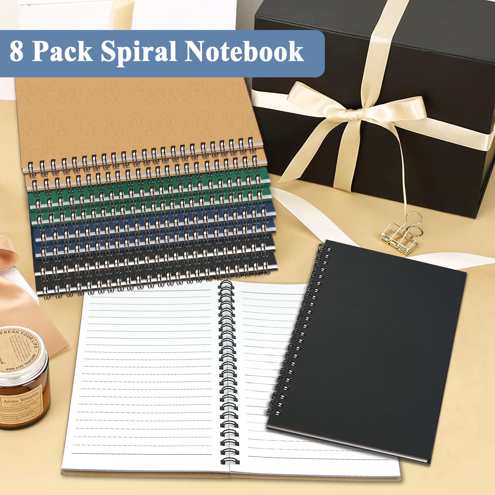GINMLYDA Cuaderno pequeño en espiral A5, paquete de 8 120 páginas a rayas de 8.25 x 5.5 pulgadas, cuaderno de tapa de papel kraft y bloc de escritura para escuela, hogar, oficina, bocetos estéticos