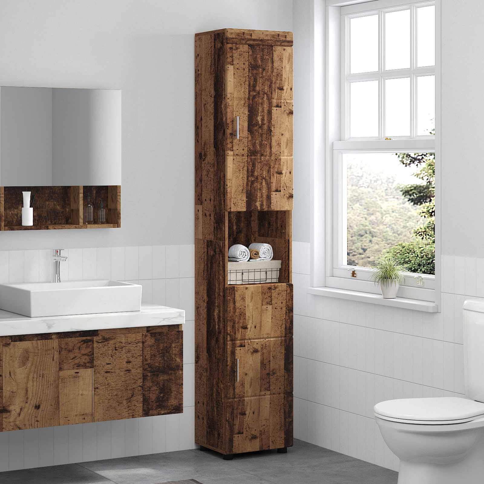 Armario de baño Tulum con aspecto de madera vieja, armario de baño estrecho de madera con acabado mate, estantería moderna con mucho espacio de almacenamiento, 37 x 31,5 x 203 cm