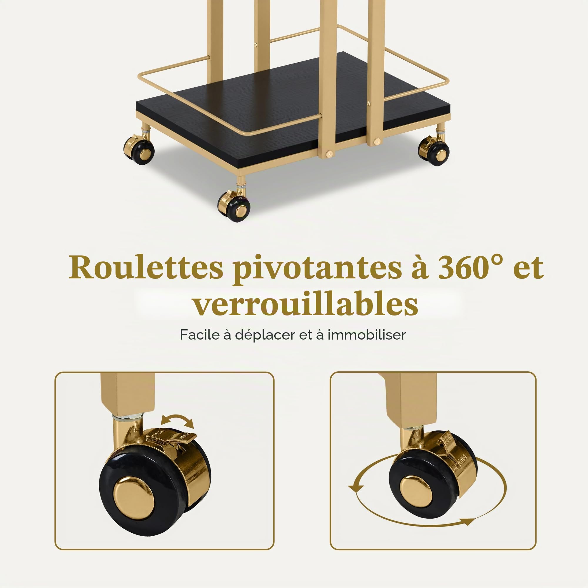 M MCombo Servante à roulettes, desserte de Cuisine Bar Châssis métallique Noir et Or, desserte Polyvalente Moderne à 3 Niveaux, pour Cuisine Salon Bureau, 0033