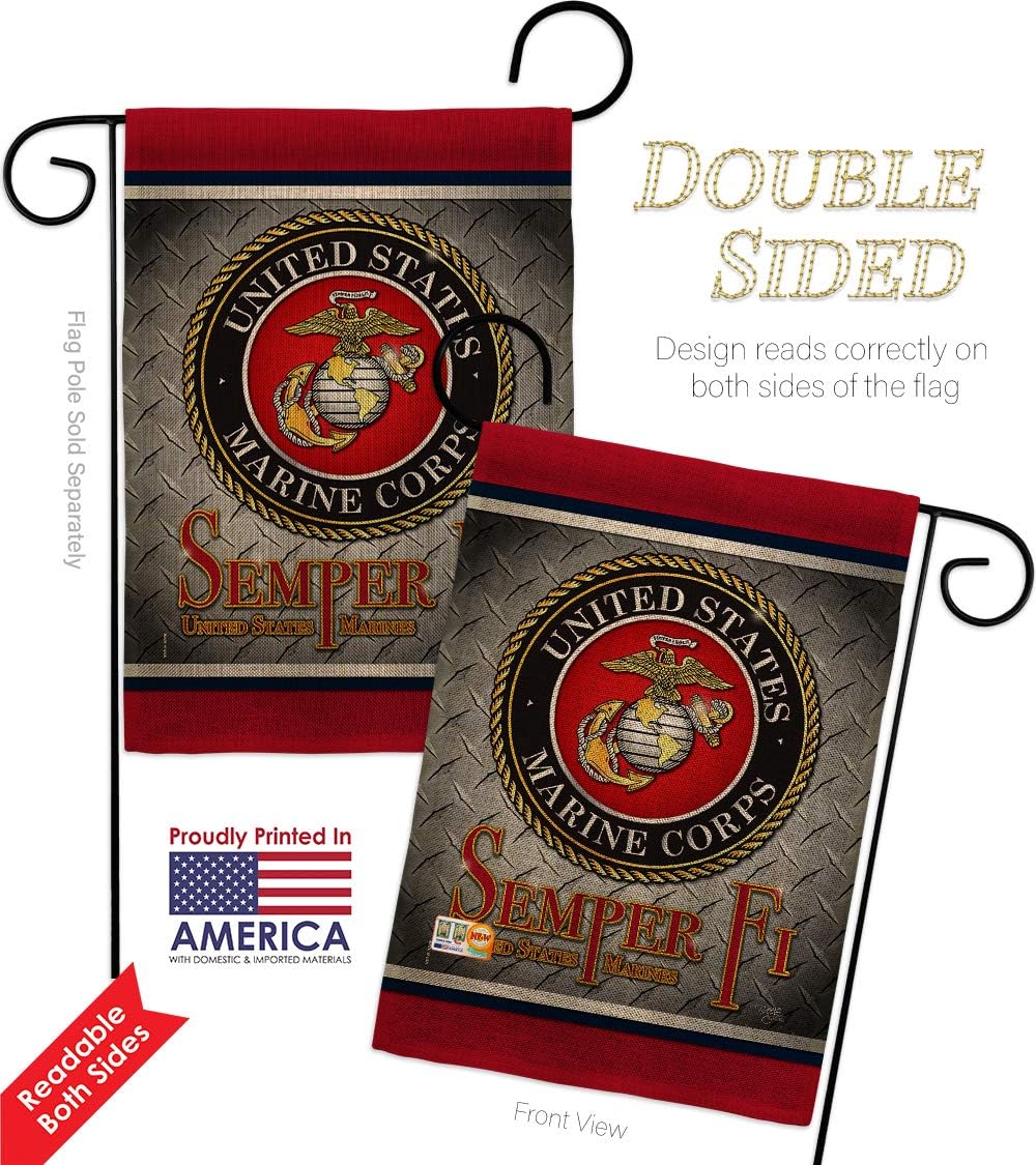 Semper Fi US Marine Burlap Garden Flag Set with Stand Armed Forces USMC United State American Military Veteran Retire Official Small Gift Yard House Banner Double-Sided Made In USA 13 X 18.5
