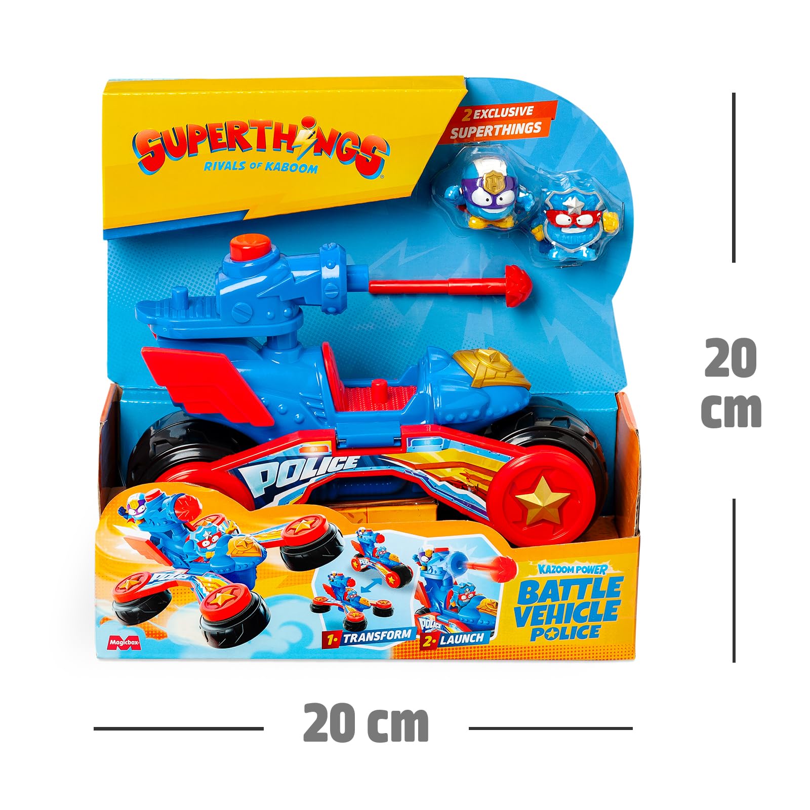 SUPERTHINGS KAZOOM POWE –Battle Vehicle Police. Vehículo de batalla policía de los héroes de la Serie de TV “Superthings Kazoom Power”. Contiene 1 Battle Vehicle, 2 Superthings Exclusivos, 1 Proyectil