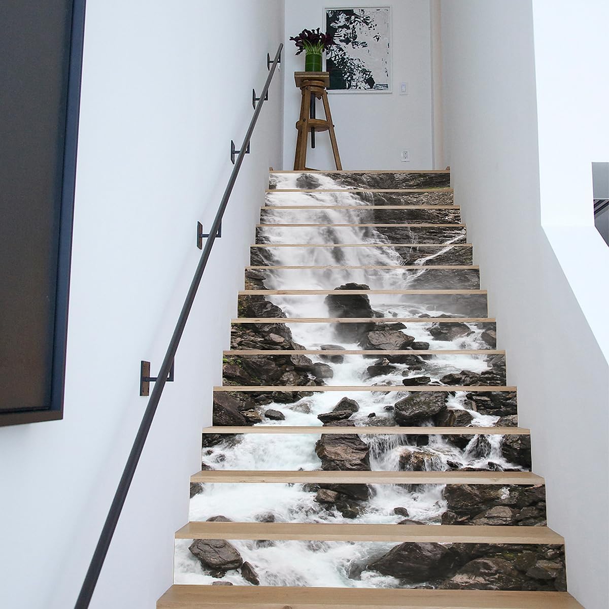 Amaonm 13pcs 7" h x39 w Creative Decorative 3D Waterfall Mountain Water Self-Adhesive Stair Riser Decal - Stair Stickers Decals Wallpaper for Walls Kitchen Bathroom Stair Decals Home Decoration