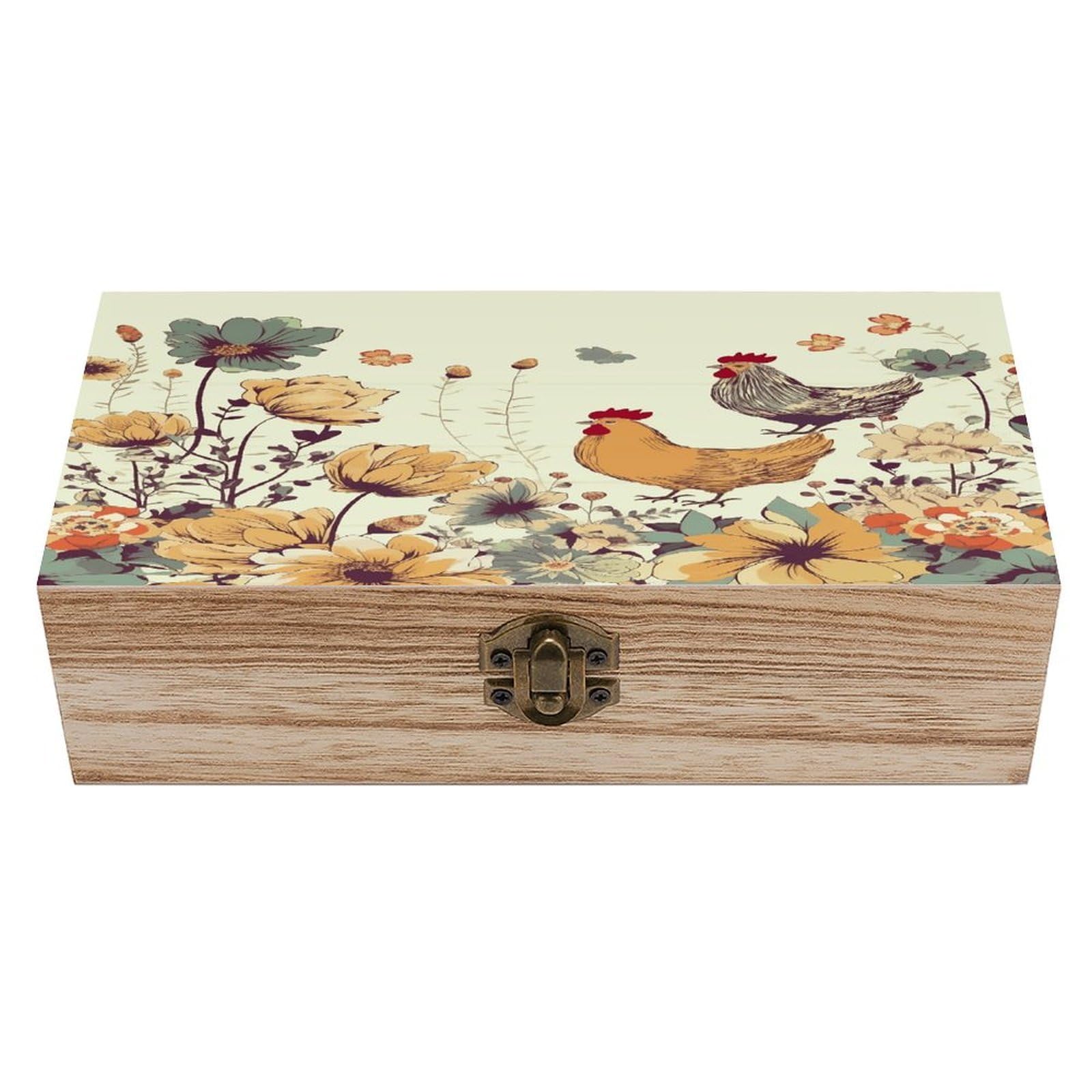 Btcowzrv Style Hen Flying Butterflies Among Flowers Wooden Storage Box, Keepsake Box With Hinged And Retro Lock, Wood Jewelry Organizer For Photos & Mementos And Home Decor