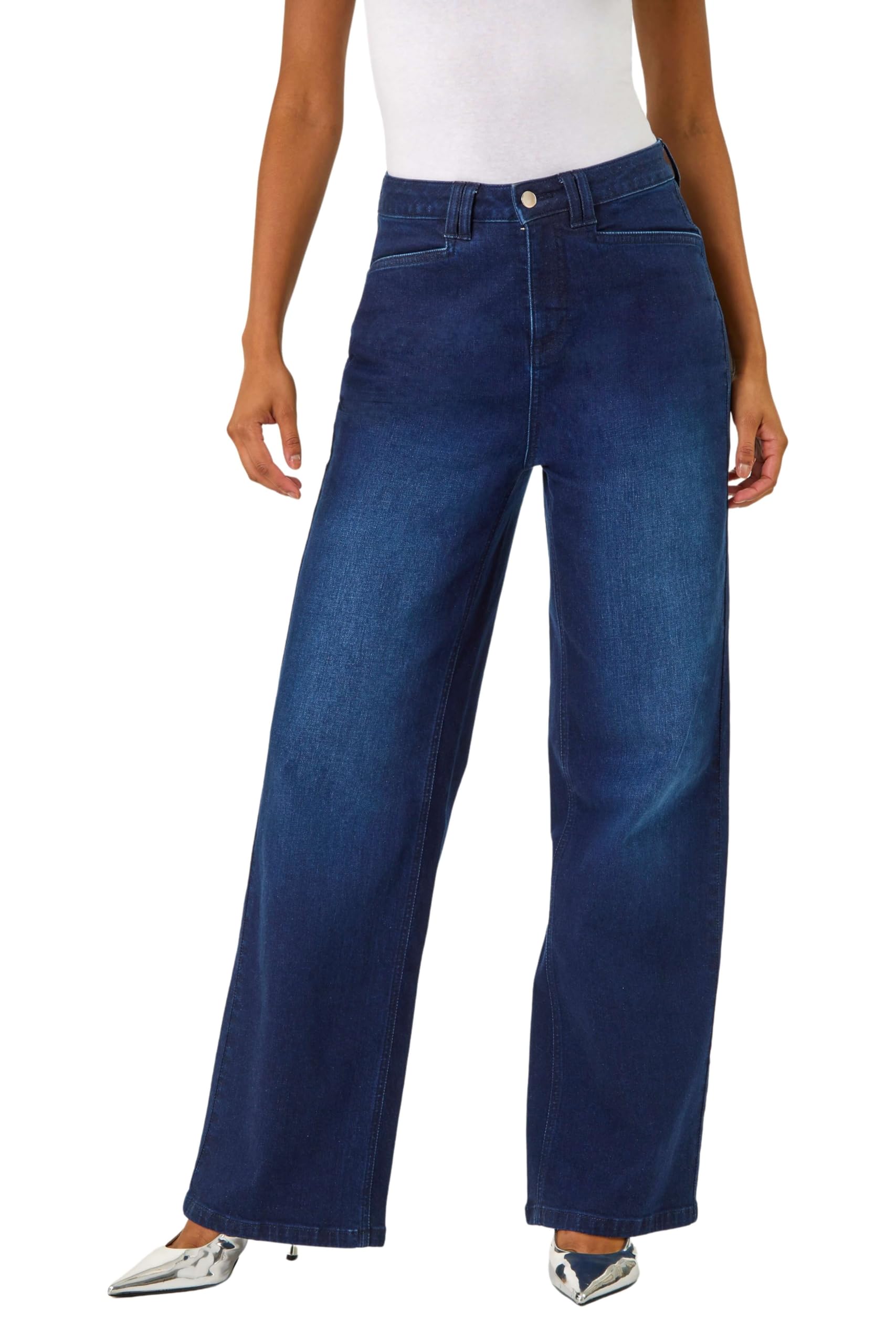 Roman Originals Women's Denim Indigo Wide Leg Jeans For Uk Denim Trousers Palazzo Pants Jeggings Stretchy Cotton Summer Winter Smart Office Work Party Flattering Bottoms - Size 14