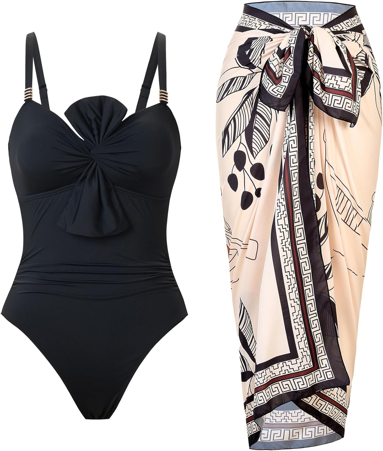 One Piece Swimsuit for Women with Cover Up Set Retro Bathing Suit Tummy Control Knot Swimwear Beach Wrap Skirt