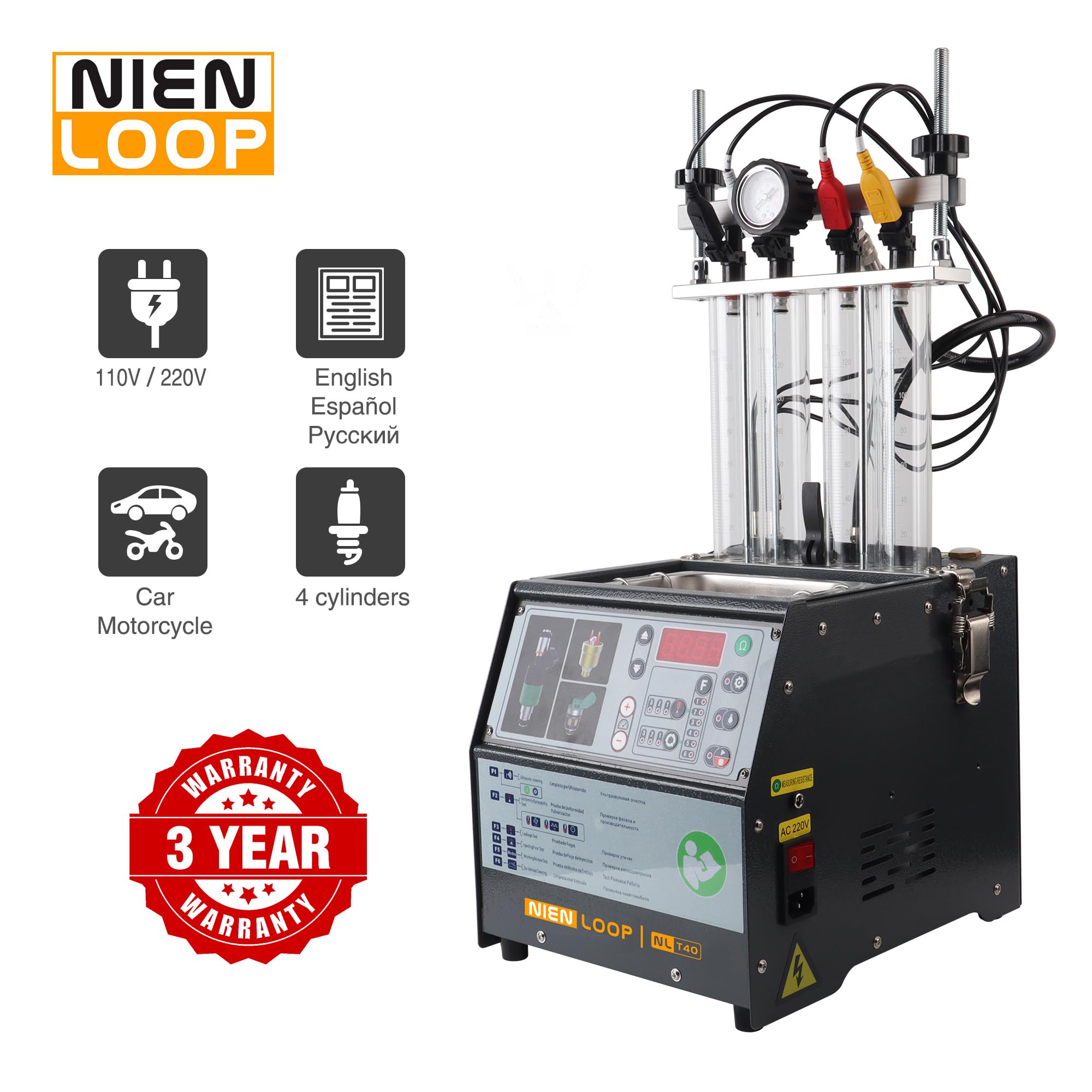 Máquina de limpieza de inyectores de combustible, limpiador ultrasónico de inyector, 4 cilindros, tubo de vidrio de 120 ml