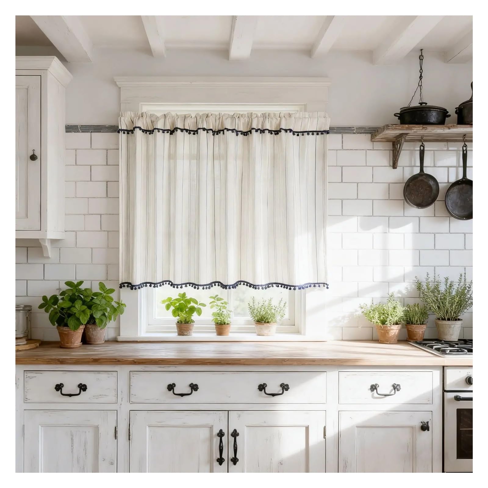 AIQIJOHI Short Curtains 1 Panel Vertical Striped Short Curtain with Pom-pom, for Kitchen Small Windows Half, Cafe(1panel W150 x H80cm)