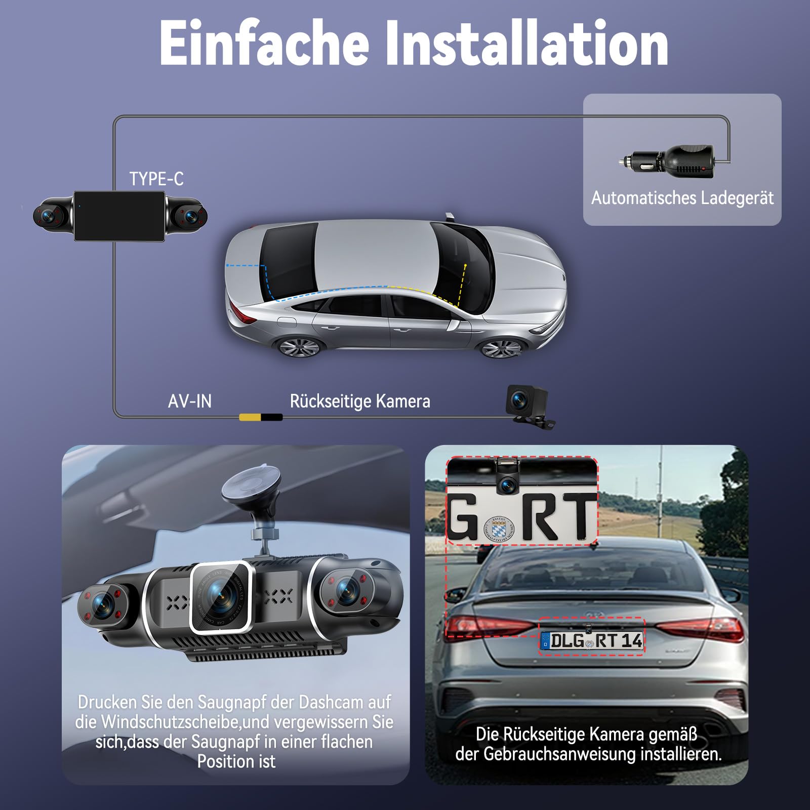 360°Dashcam Auto Vorne Hinten 4 Kanal Dash Cam Auto Kamera FHD 4K+1080Px3,kostenlose 64GB SD-Karte,WDR-Nachtsicht,G-Sensor,4×140° Weitwinkel,3" IPS Display,24/7 Parkmodus,Loop-Aufnahme,App