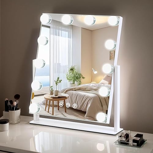 Vanity Mirror with Lights, 13'' x 11'' Lighted Makeup Mirror for Desk, Hollywood Mirror with 12 Dimmable Bulbs, 3 Color Modes, Smart Touch Control, 360°Rotation
