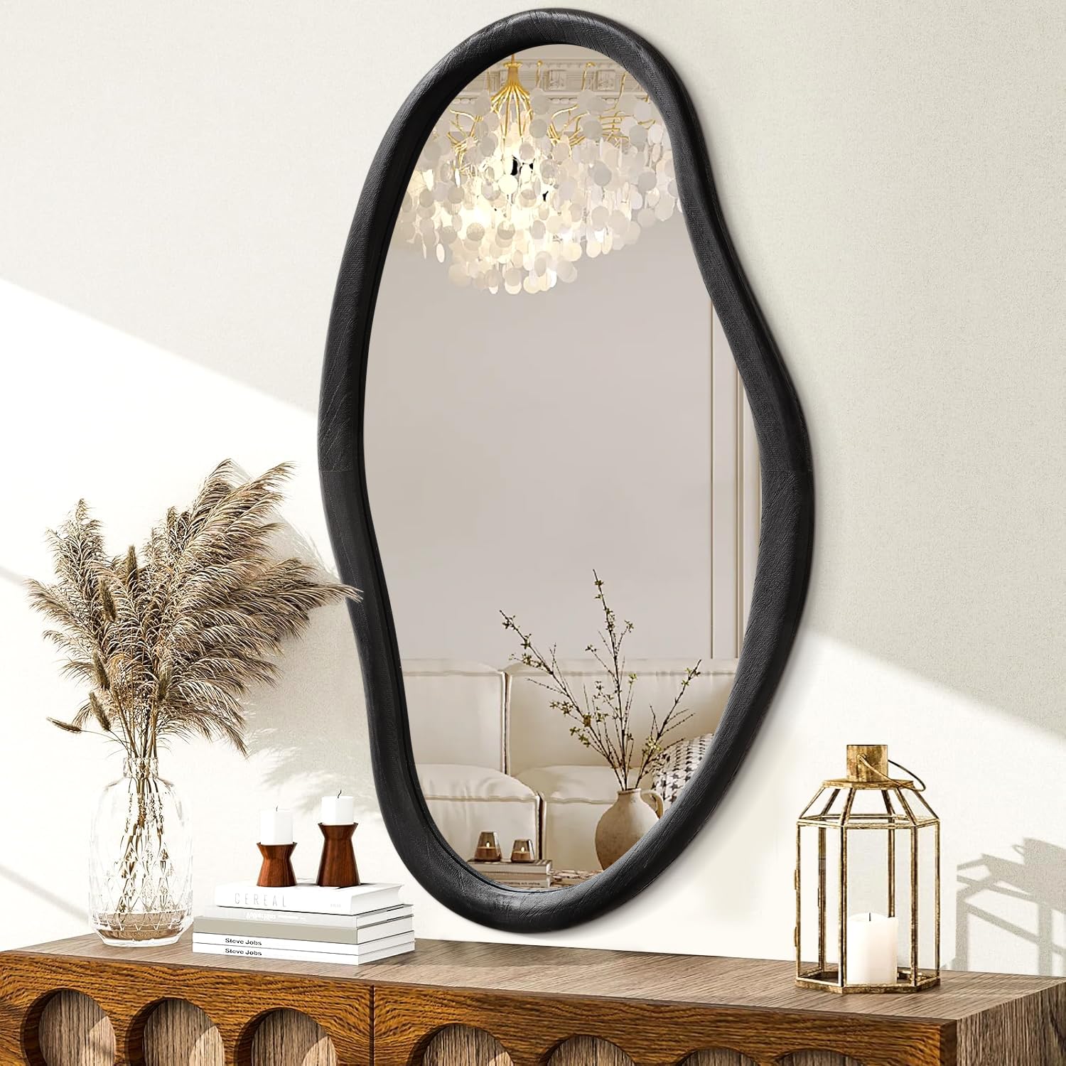 JJUUYOU Irregular Mirror Black Asymmetrical Wooden Wall Mirror 36"x24" Large Home Decorative Wall Mounted Vanity Hanging Mirrors for Bathroom Dressing Room Living Room
