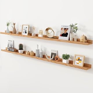 Axeman 72 Inch Solid Oak Picture Ledge Floating Shelves Set of 2 with Lip - Natural Wood Wall Storage for Bedroom Living Room