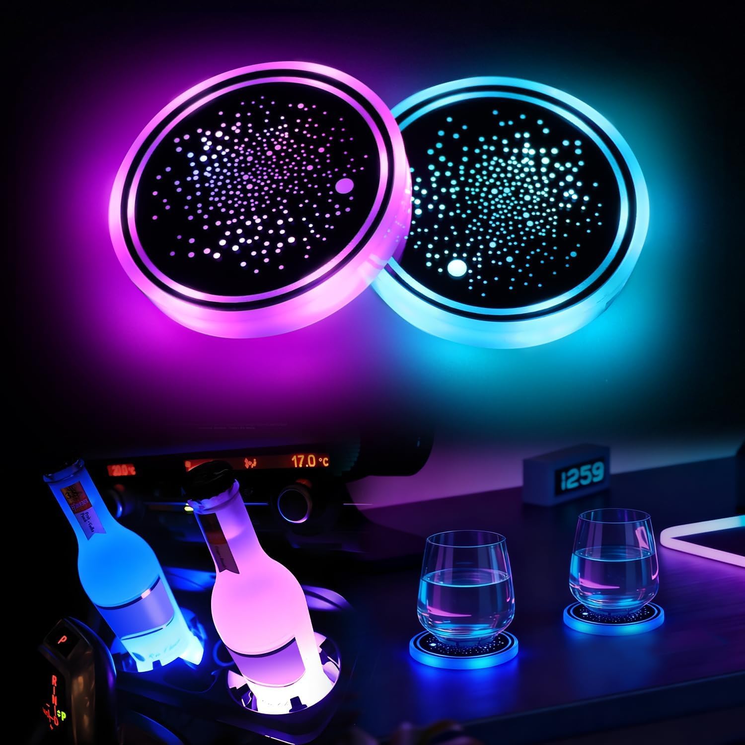 ZHANGX 2pcs LED Car Coasters for BUICK Verano Sedan 2018-2022, with 7 Colors Luminescent Coaster, USB Charging, Car Gadgets Decoration Atmosphere Light.,C