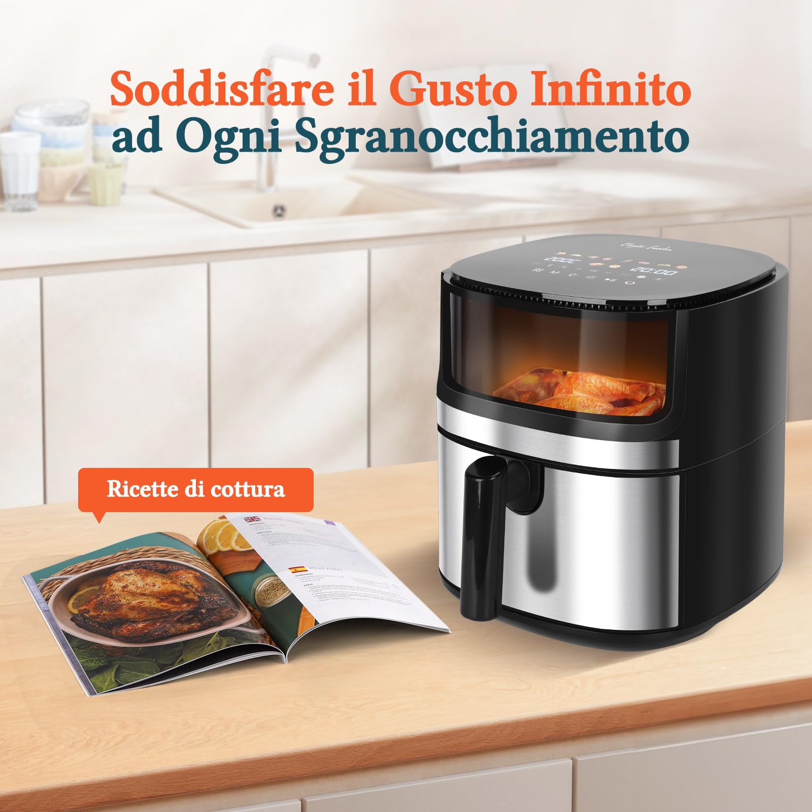 Taylor Swoden Friggitrice ad Aria 8L, 2000W Air Fryer con Doppia Resistenza e Interno in Metallo, Finestra Visibile, 10 Programmi, Senza Girare, Nero