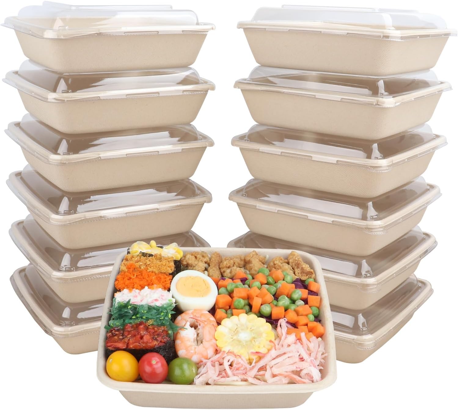 34 oz Square Disposable bowls with lids,Sugarcane Fibers Bowls take away food containers Plant Fibers Freezer Safe 25 Pack 34oz