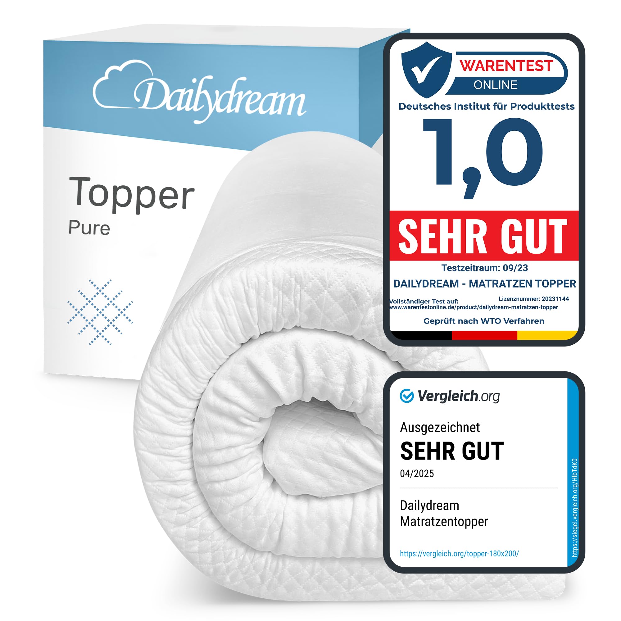Dailydream Matratzen Topper 180x200cm | Memory Foam | 7cm hoch | Edition Pure, Model L | Zertifiziert & ergonomisch für unbequeme Matratze, Boxspringbett & Gästebett | rutschfest mit Noppen